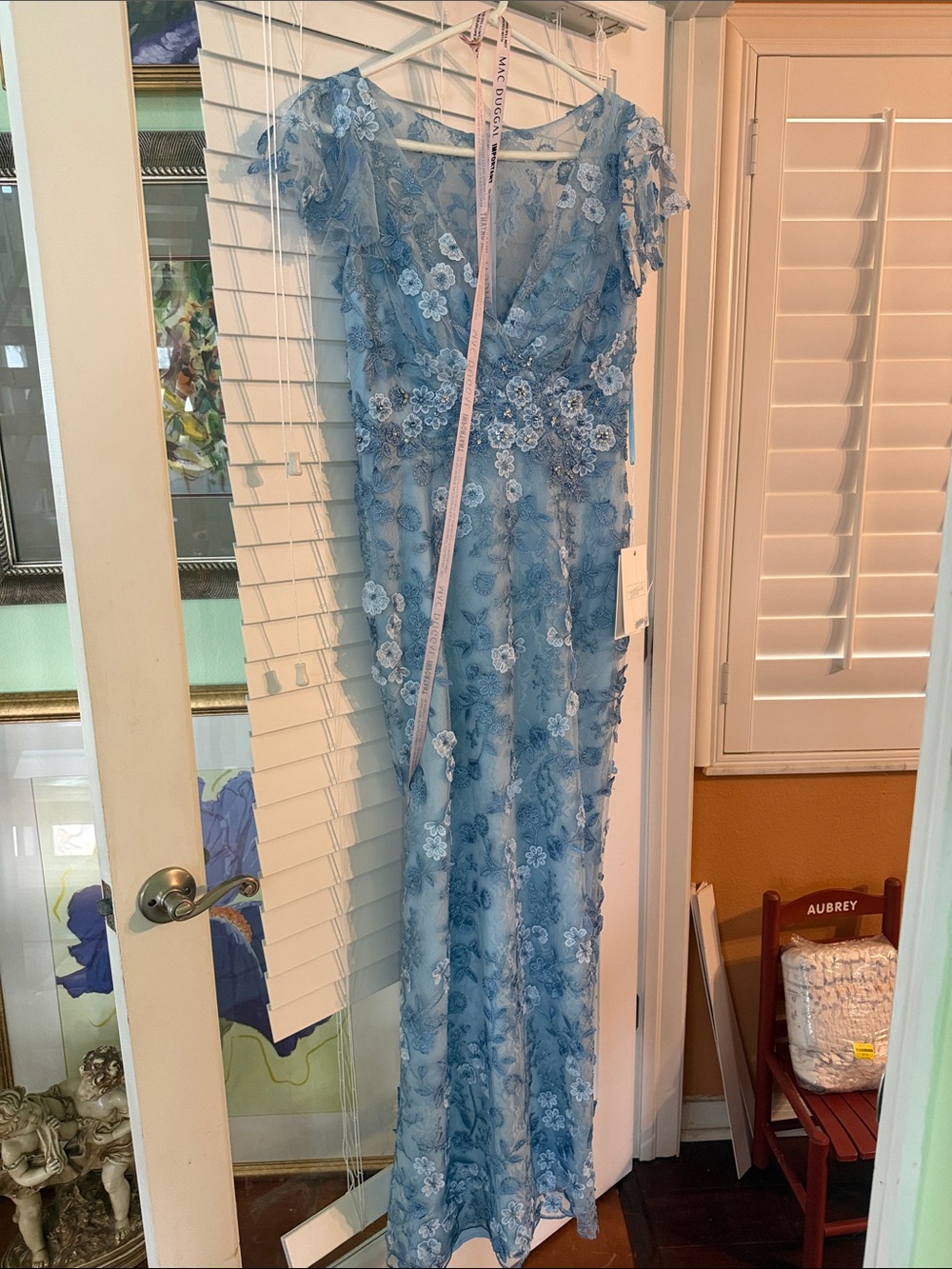 Mac Duggal Sky Blue Embroidered Applique Flutter Sleeve Floral Lace Evening Gown